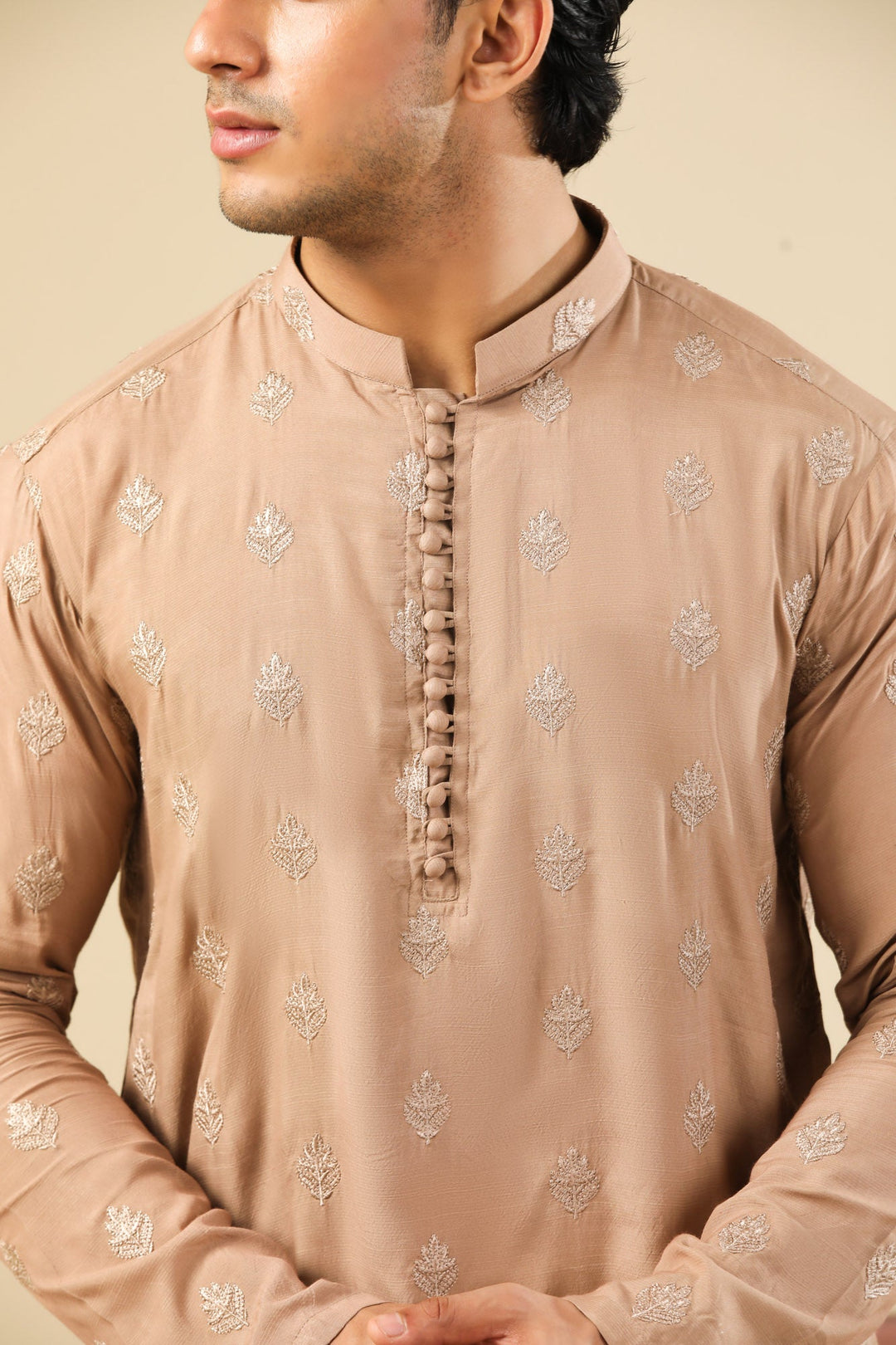 Muraqsh Ready To Wear Embroidered Silk Men Mehrab Sandstone Kurta Trouser MURRS - Winter Collection