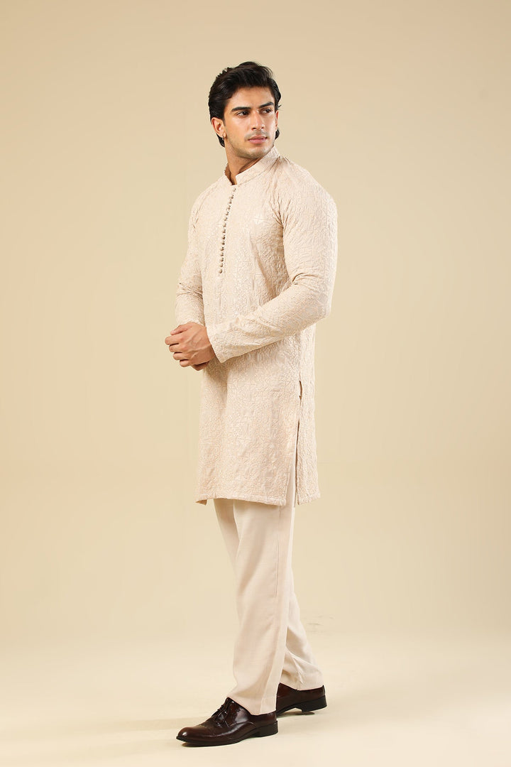 Muraqsh Ready To Wear Embroidered Silk Men Tabir Beige Kurta Trouser MUR-T-BRS - Winter Collection