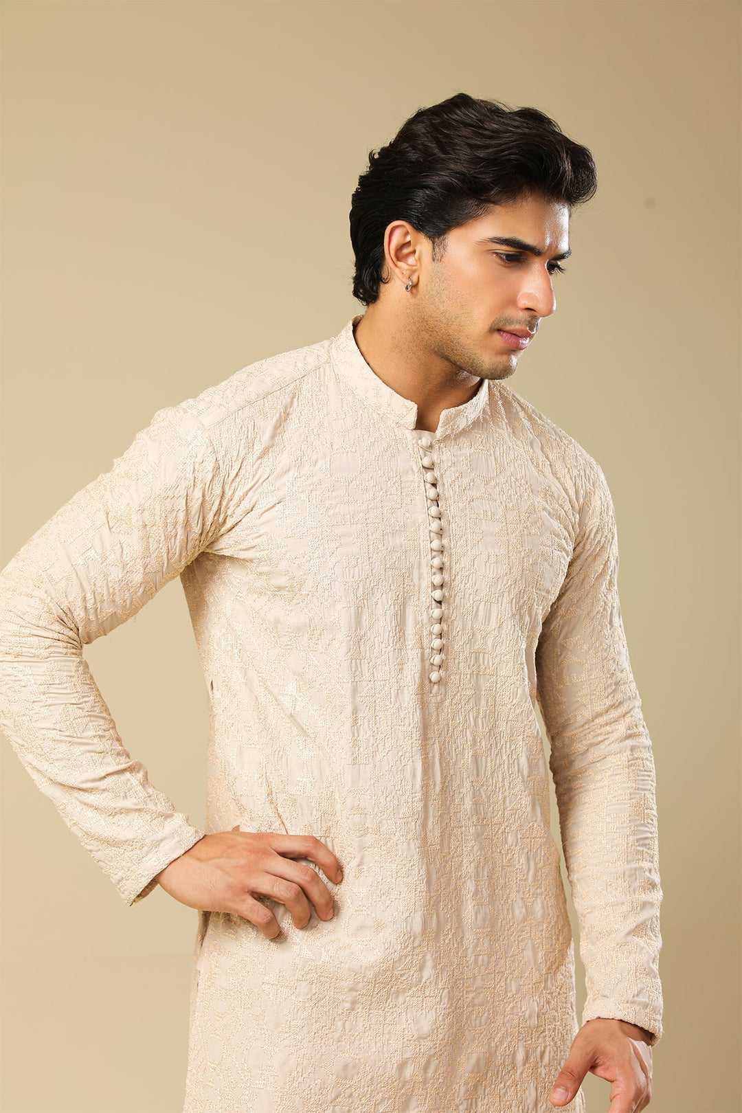 Muraqsh Ready To Wear Embroidered Silk Men Tabir Beige Kurta Trouser MUR-T-BRS - Winter Collection