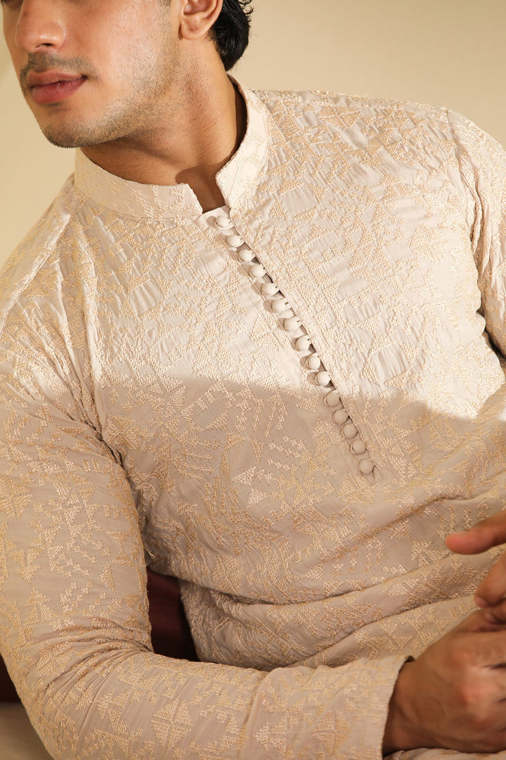 Muraqsh Ready To Wear Embroidered Silk Men Tabir Beige Kurta Trouser MUR-T-BRS - Winter Collection