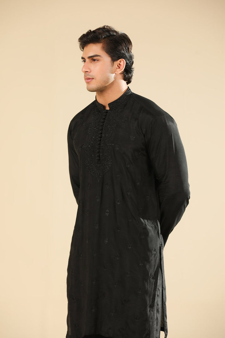 Muraqsh Ready To Wear Embroidered Silk Men Adab Black Motif Kurta Trouser MUR-A-BMR - Winter Collection