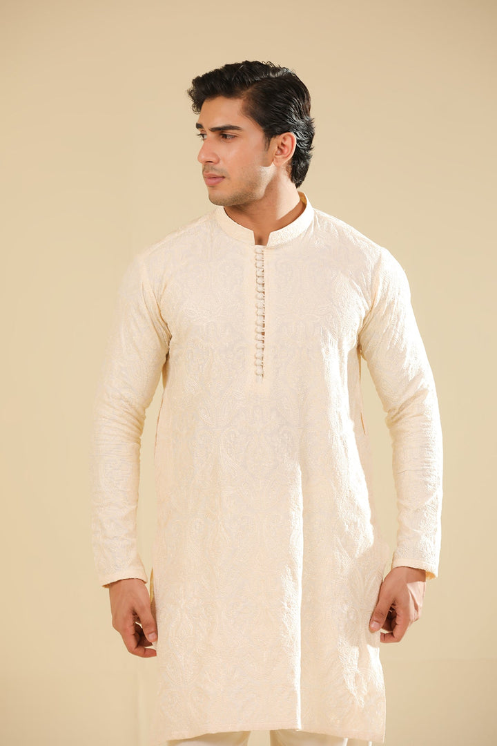 Muraqsh Ready To Wear Embroidered Bosky Men Andaz Bosky White Kurta Trouser MUR-A-BWR - Winter Collection