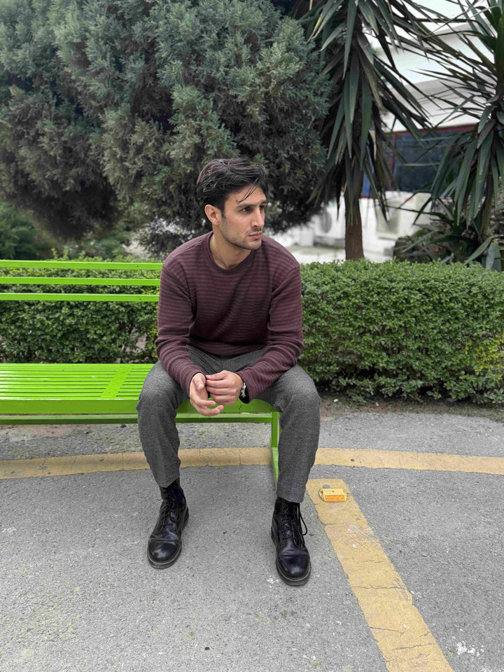 Muraqsh Ready To Wear Solids Cotton Men Waffle Burgundy Striped Sweat Shirt ABD-WBSSS - Summer Collection