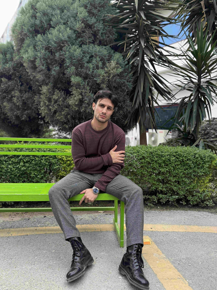 Muraqsh Ready To Wear Solids Cotton Men Waffle Burgundy Striped Sweat Shirt ABD-WBSSS - Summer Collection