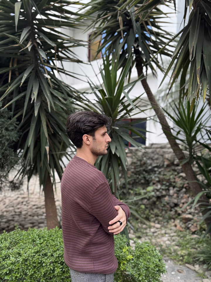 Muraqsh Ready To Wear Solids Cotton Men Waffle Burgundy Striped Sweat Shirt ABD-WBSSS - Summer Collection