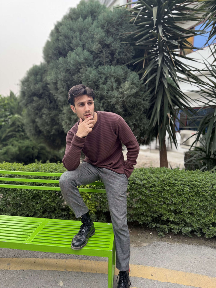 Muraqsh Ready To Wear Solids Cotton Men Waffle Burgundy Striped Sweat Shirt ABD-WBSSS - Summer Collection