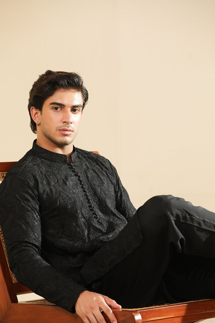 Muraqsh Ready To Wear Embroidered Silk Men Zauq Black Kurta Trouser MUR-Z-BRS - Winter Collection