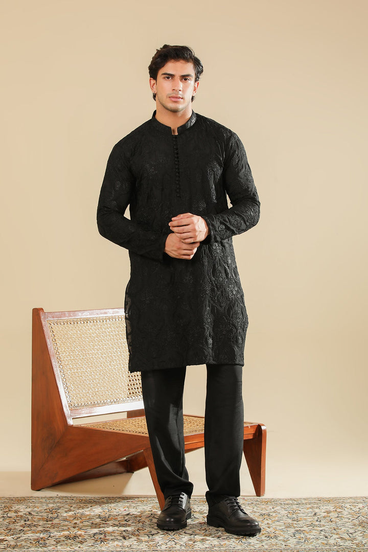 Muraqsh Ready To Wear Embroidered Silk Men Zauq Black Kurta Trouser MUR-Z-BRS - Winter Collection