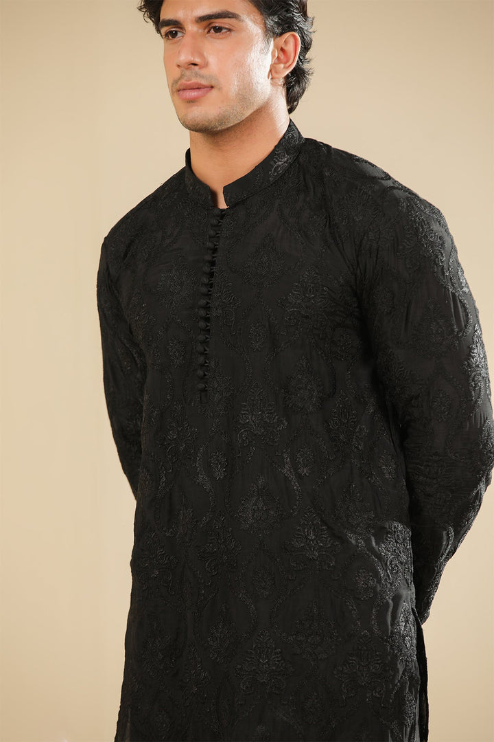 Muraqsh Ready To Wear Embroidered Silk Men Zauq Black Kurta Trouser MUR-Z-BRS - Winter Collection