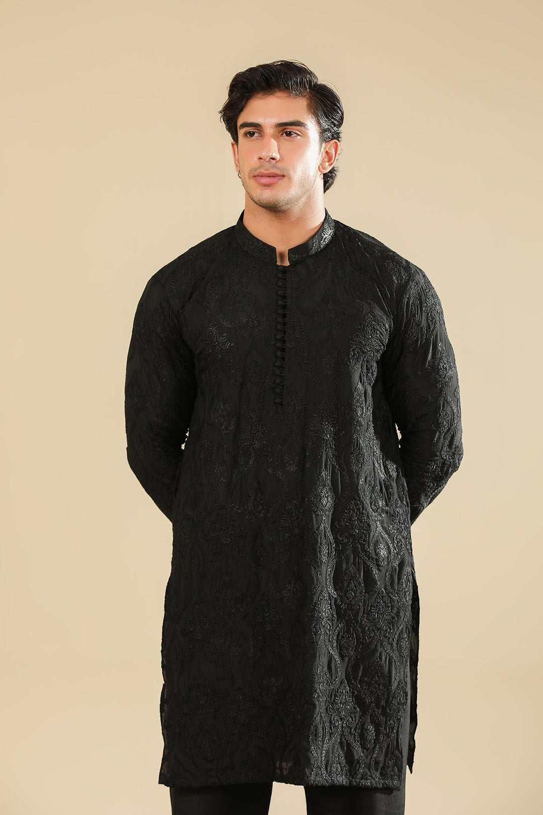 Muraqsh Ready To Wear Embroidered Silk Men Zauq Black Kurta Trouser MUR-Z-BRS - Winter Collection
