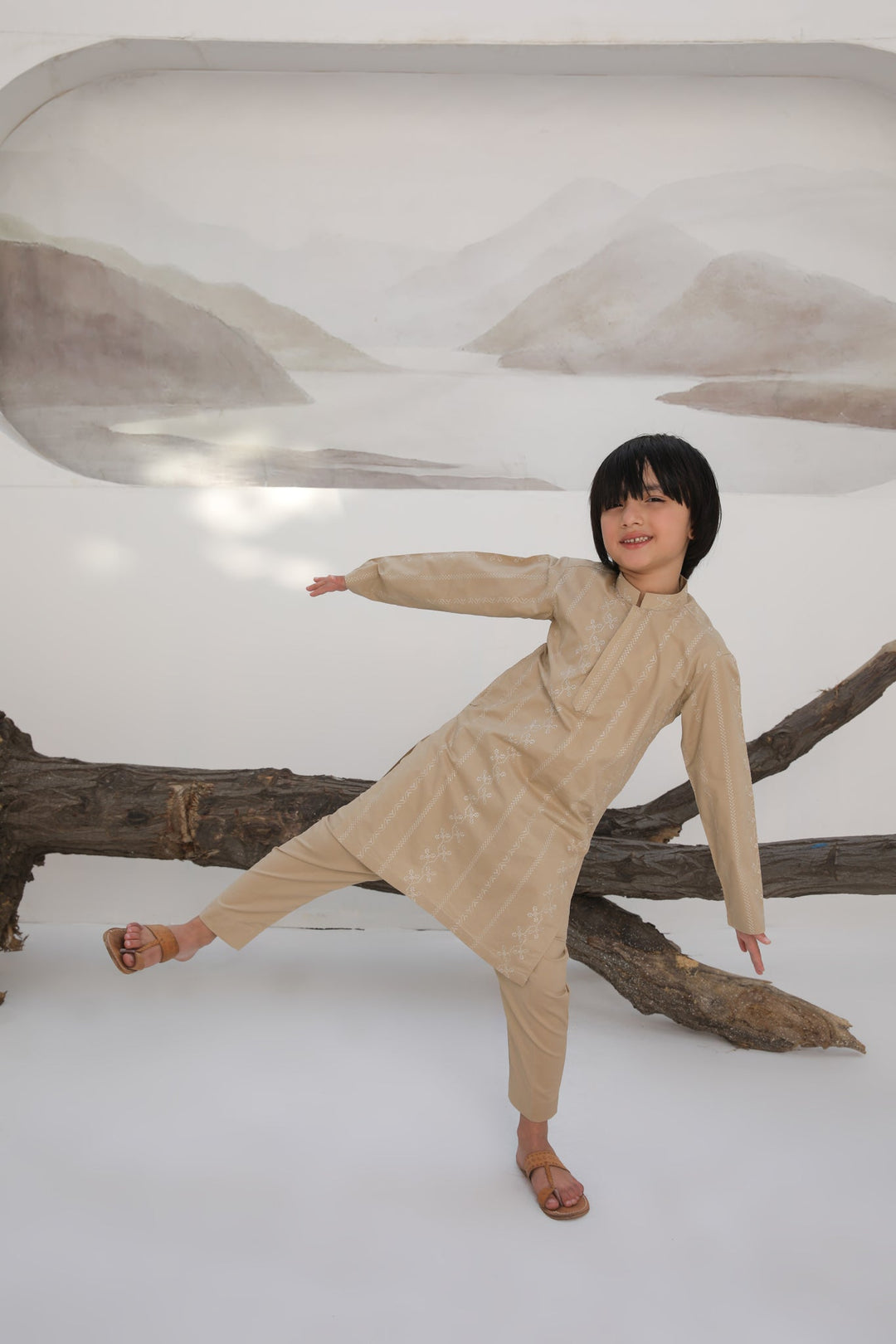 Muraqsh Ready To Wear   Boys Ivory Skin Cotton Embroidered Kurta Trouser MUR-ISECK - Summer Collection