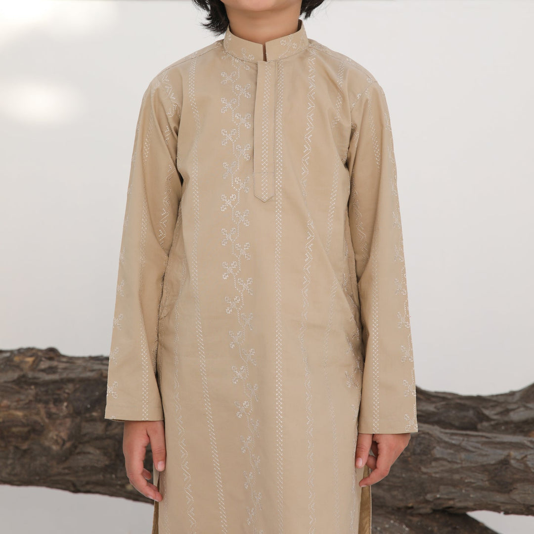 Muraqsh Ready To Wear   Boys Ivory Skin Cotton Embroidered Kurta Trouser MUR-ISECK - Summer Collection