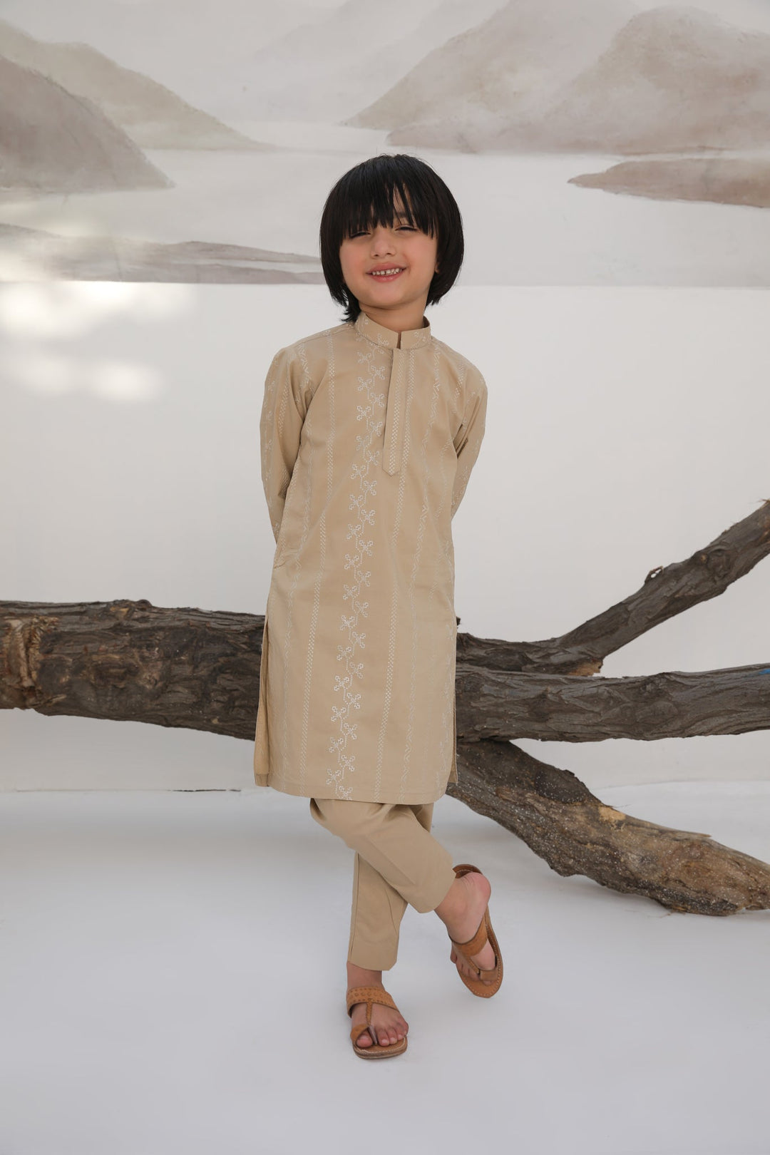 Muraqsh Ready To Wear   Boys Ivory Skin Cotton Embroidered Kurta Trouser MUR-ISECK - Summer Collection