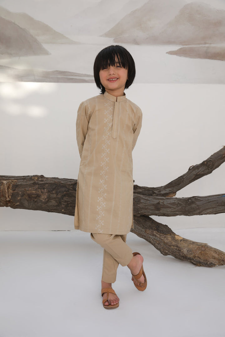 Muraqsh Ready To Wear   Boys Ivory Skin Cotton Embroidered Kurta Trouser MUR-ISECK - Summer Collection