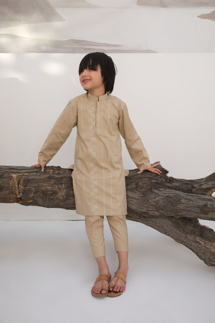 Muraqsh Ready To Wear   Boys Ivory Skin Cotton Embroidered Kurta Trouser MUR-ISECK - Summer Collection