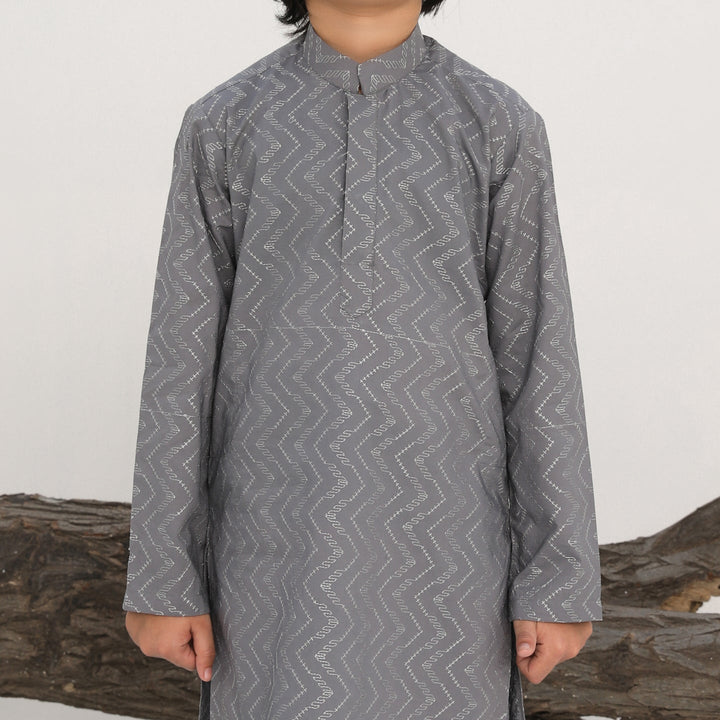 Muraqsh Ready To Wear   Boys Light Grey Cotton Embroidered Kurta Trouser MURGECK - Summer Collection