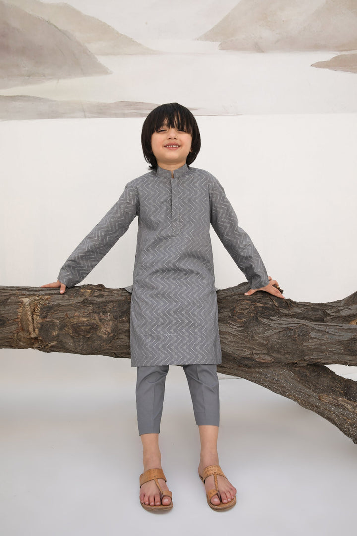 Muraqsh Ready To Wear   Boys Light Grey Cotton Embroidered Kurta Trouser MURGECK - Summer Collection