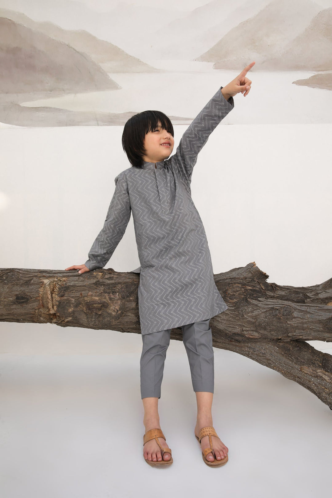 Muraqsh Ready To Wear   Boys Light Grey Cotton Embroidered Kurta Trouser MURGECK - Summer Collection