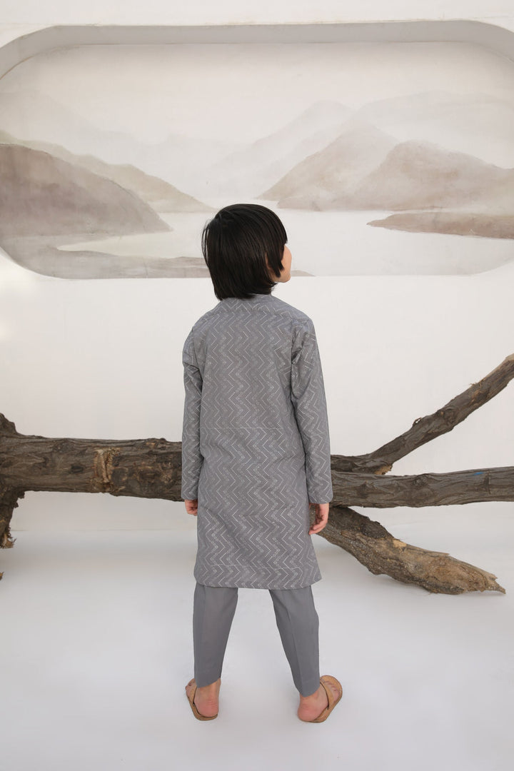Muraqsh Ready To Wear   Boys Light Grey Cotton Embroidered Kurta Trouser MURGECK - Summer Collection