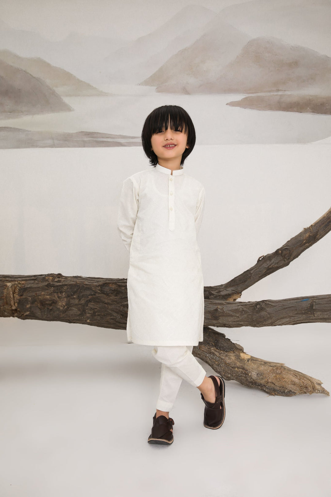 Muraqsh Ready To Wear   Boys Bosky White Cotton Embroidered Kurta Trouser MUR-BWECK - Summer Collection