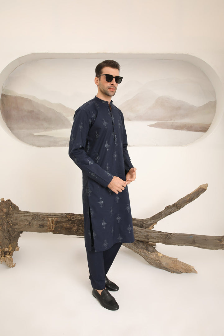 Muraqsh Ready To Wear   Men Navy Blue Cotton Embroidered Kurta Trouser MUR-NBECK - Summer Collection