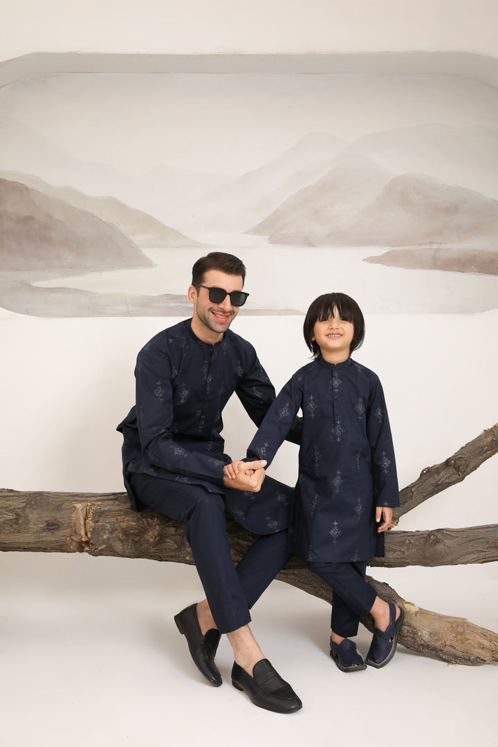 Muraqsh Ready To Wear   Boys Navy Blue Cotton Embroidered Kurta Trouser MUR-NBECK - Summer Collection