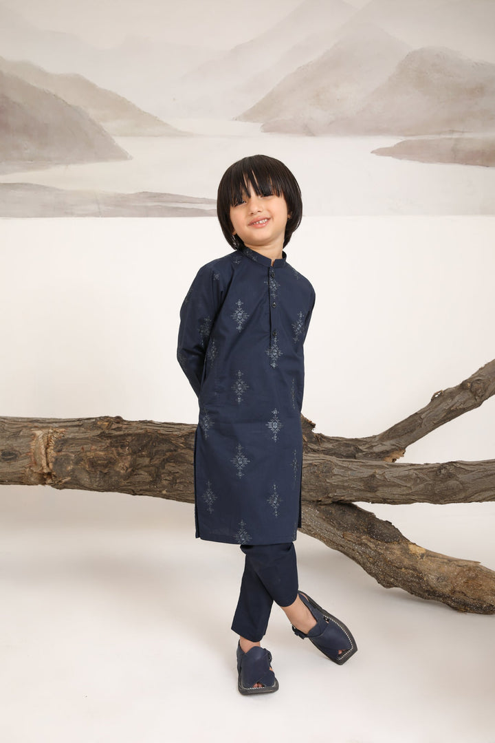 Muraqsh Ready To Wear   Boys Navy Blue Cotton Embroidered Kurta Trouser MUR-NBECK - Summer Collection