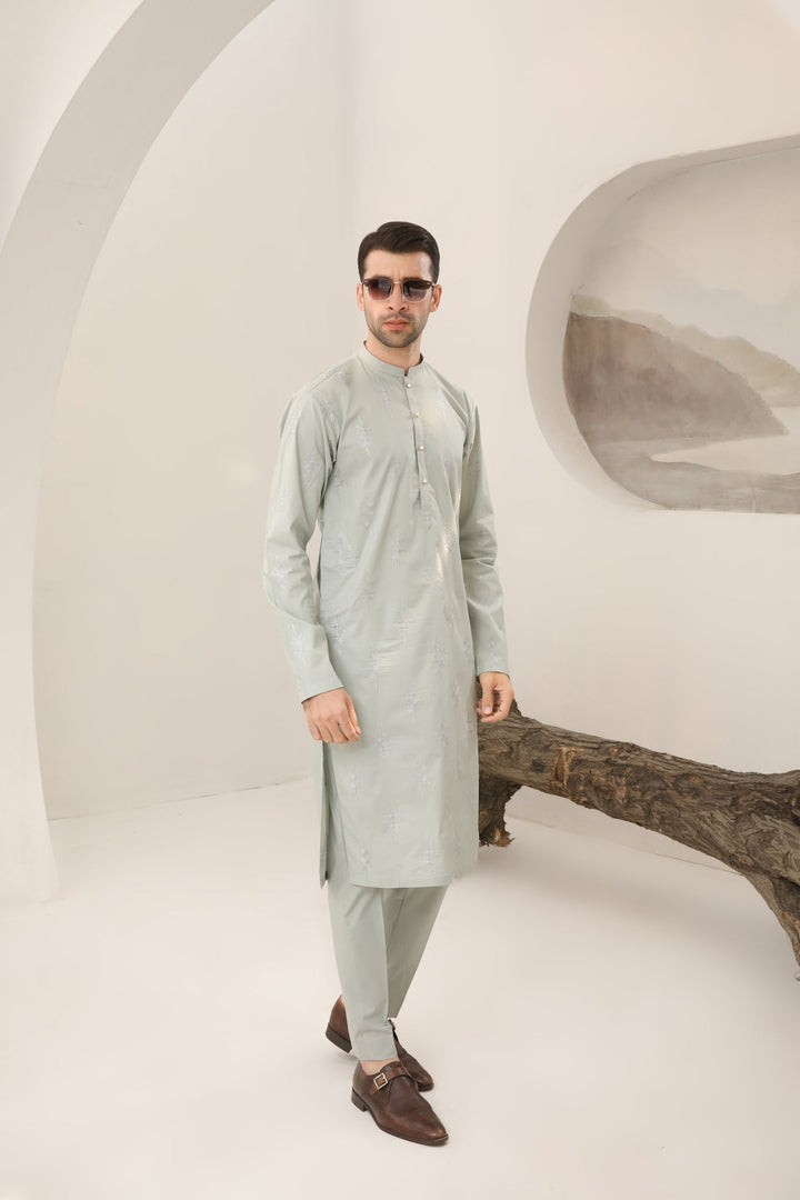 Muraqsh Ready To Wear   Men Light Mint Cotton Embroidered Kurta Trouser MURMECK - Summer Collection