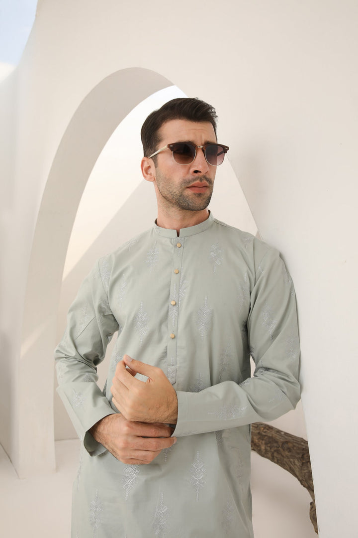 Muraqsh Ready To Wear   Men Light Mint Cotton Embroidered Kurta Trouser MURMECK - Summer Collection
