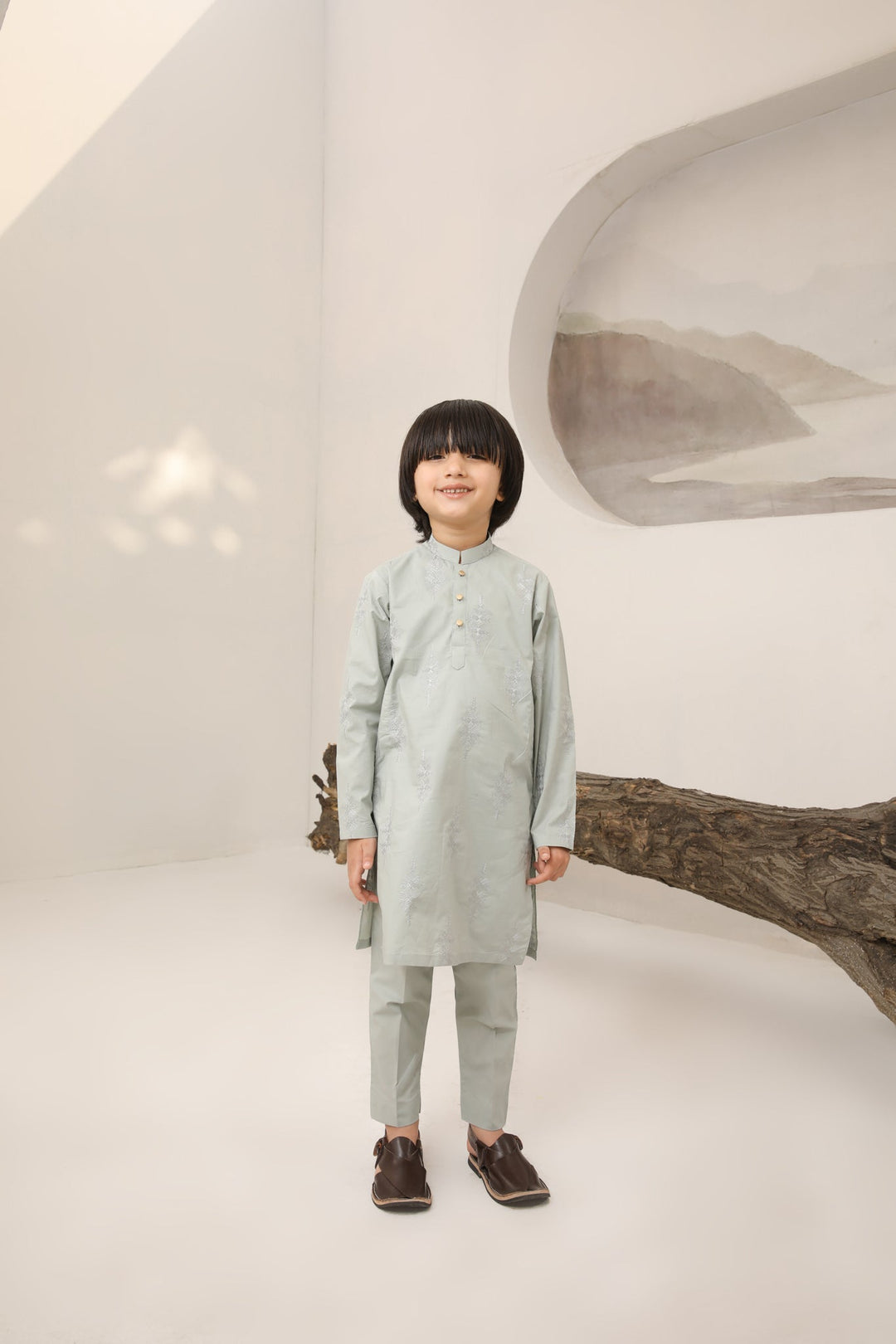 Muraqsh Ready To Wear   Boys Light Mint Cotton Embroidered Kurta Trouser MURMECK - Summer Collection