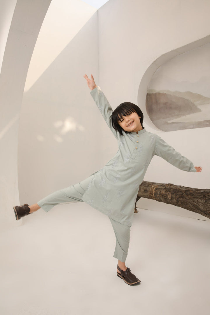 Muraqsh Ready To Wear   Boys Light Mint Cotton Embroidered Kurta Trouser MURMECK - Summer Collection