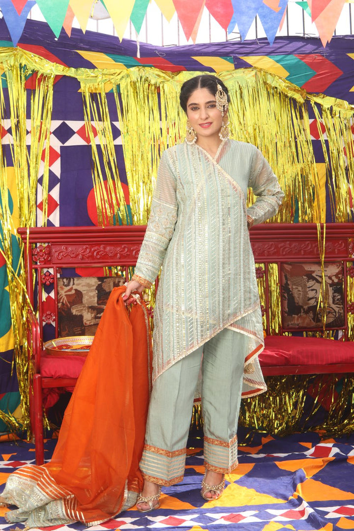 Senorita Women RTW Women Solids Light Green and Golden Formal 3 Piece Suit Pure Banarsi Organza Self Strip LDD-01889 - Winter Collection