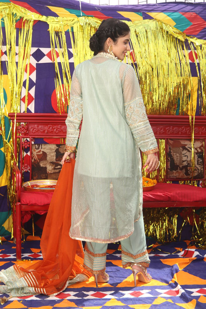 Senorita Women RTW Women Solids Light Green and Golden Formal 3 Piece Suit Pure Banarsi Organza Self Strip LDD-01889 - Winter Collection