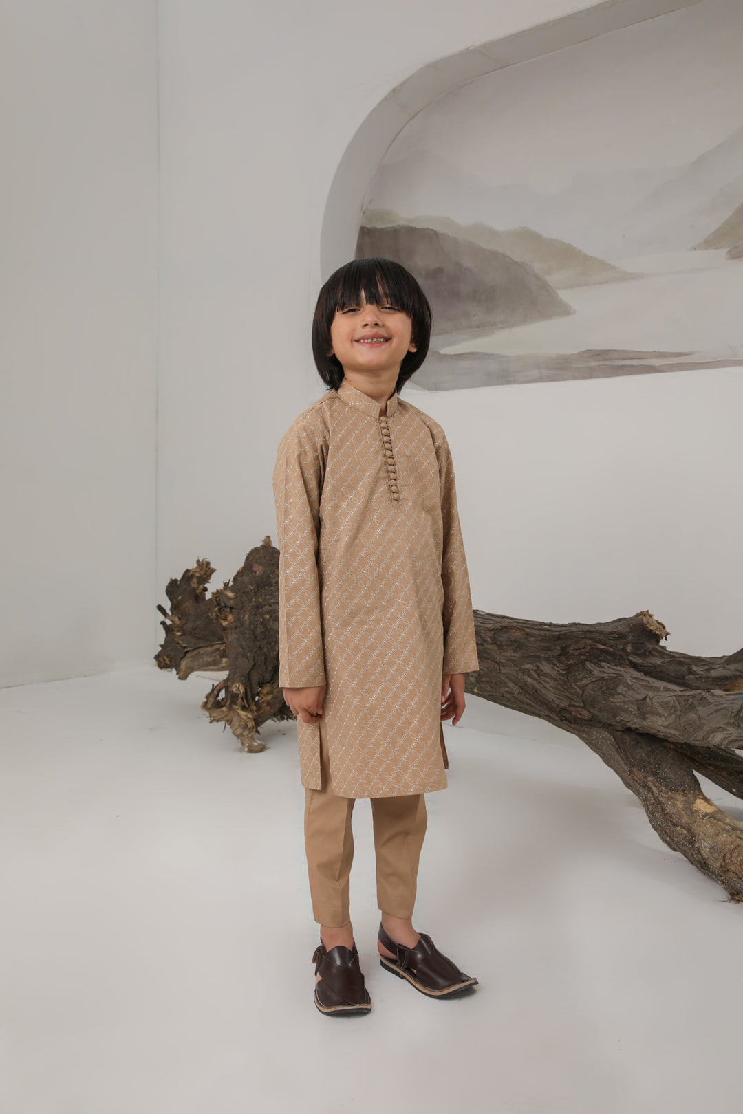 Muraqsh Ready To Wear   Boys Camel Cotton Embroidered Kurta Trouser MUR-CECKT - Summer Collection