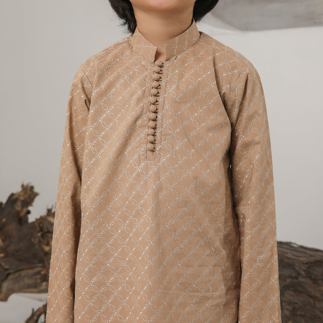 Muraqsh Ready To Wear   Boys Camel Cotton Embroidered Kurta Trouser MUR-CECKT - Summer Collection