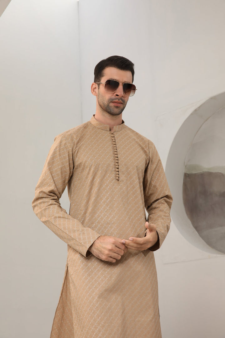 Muraqsh Ready To Wear   Men Camel Cotton Embroidered Kurta Trouser MUR-CECKT - Summer Collection
