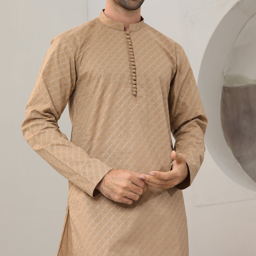 Muraqsh Ready To Wear   Men Camel Cotton Embroidered Kurta Trouser MUR-CECKT - Summer Collection