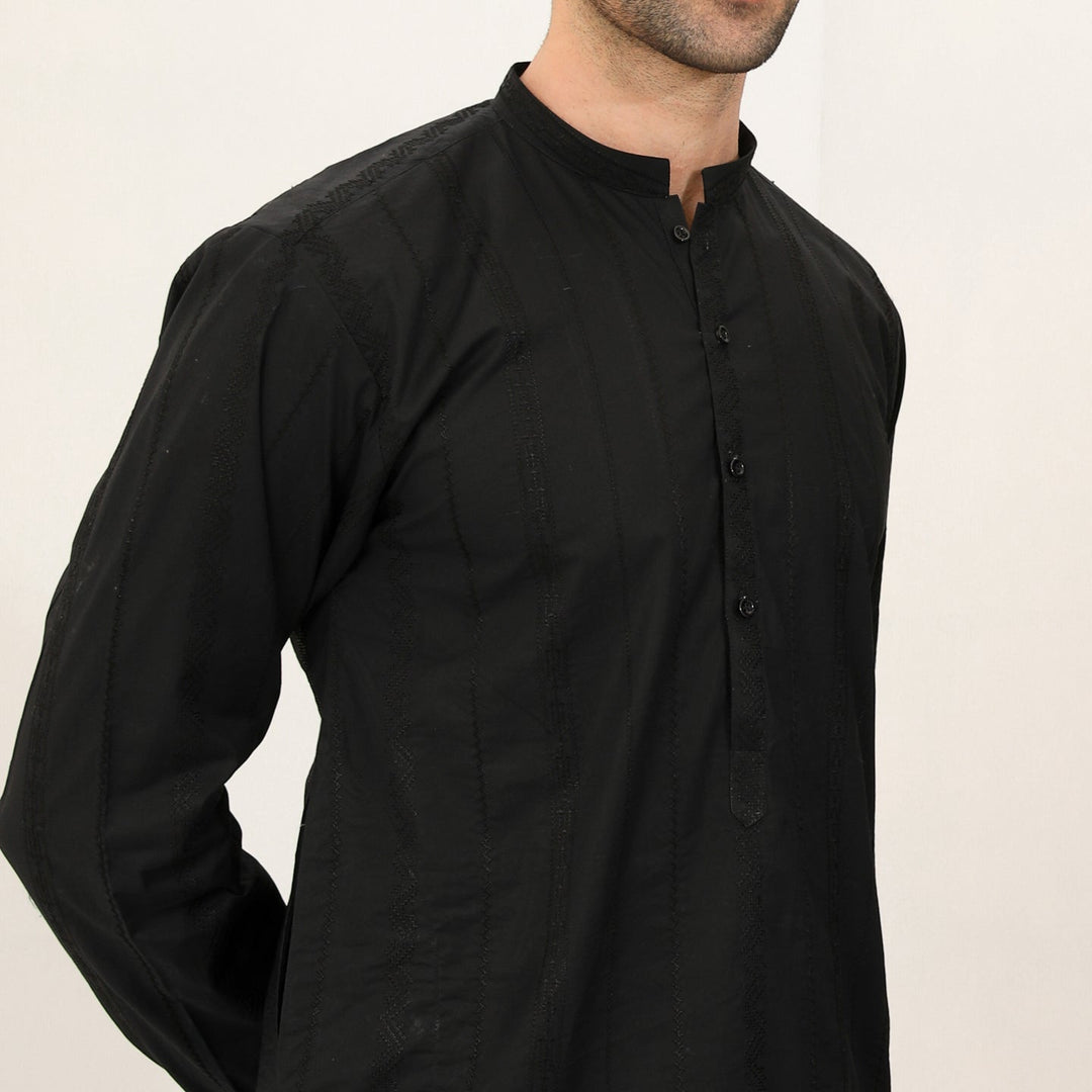 Muraqsh Ready To Wear   Men Black Falling Cotton Embroidered Kurta Trouser MUR-BFECK - Summer Collection