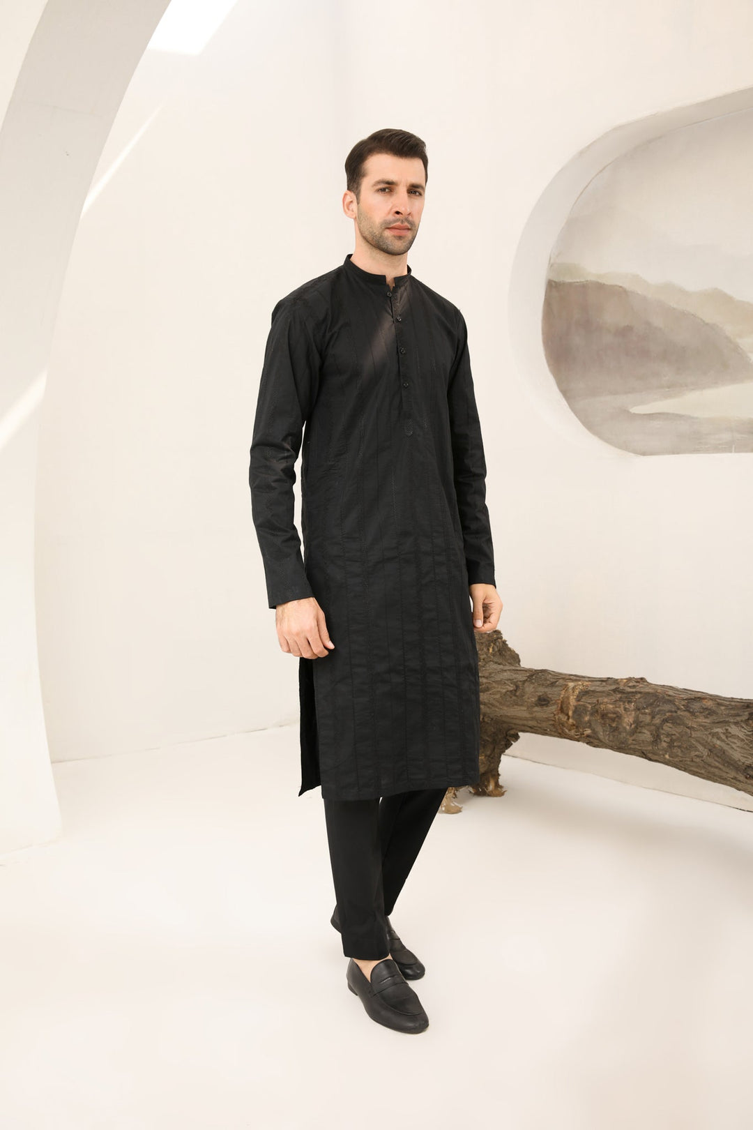Muraqsh Ready To Wear   Men Black Falling Cotton Embroidered Kurta Trouser MUR-BFECK - Summer Collection