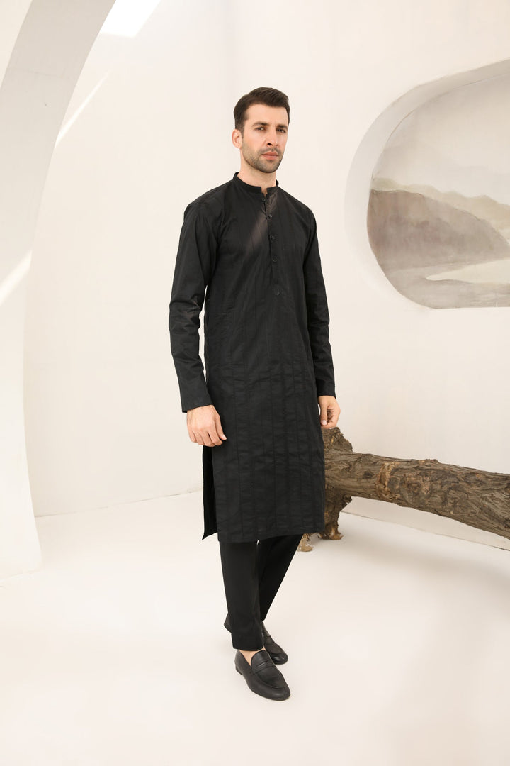 Muraqsh Ready To Wear   Men Black Falling Cotton Embroidered Kurta Trouser MUR-BFECK - Summer Collection