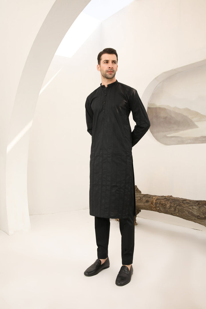 Muraqsh Ready To Wear   Men Black Falling Cotton Embroidered Kurta Trouser MUR-BFECK - Summer Collection