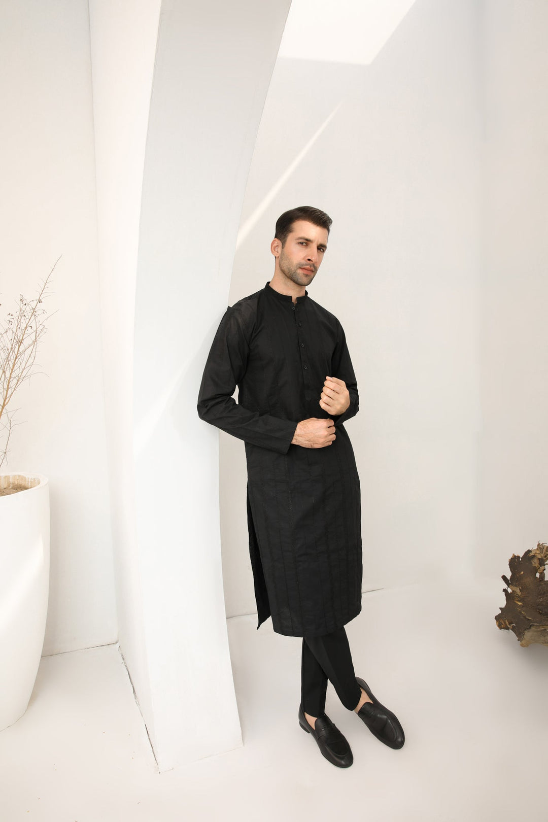 Muraqsh Ready To Wear   Men Black Falling Cotton Embroidered Kurta Trouser MUR-BFECK - Summer Collection