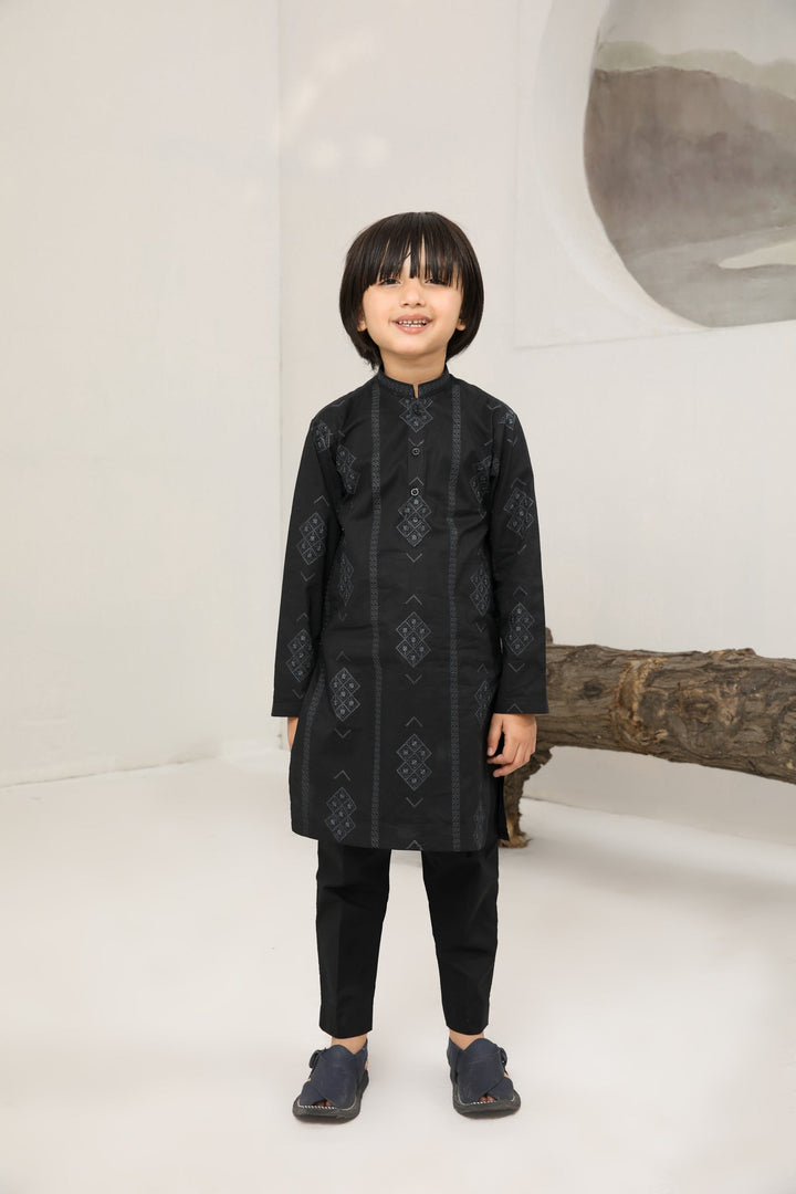 Muraqsh Ready To Wear   Boys Black Motif Cotton Embroidered Kurta Trouser MUR-BMECK - Summer Collection