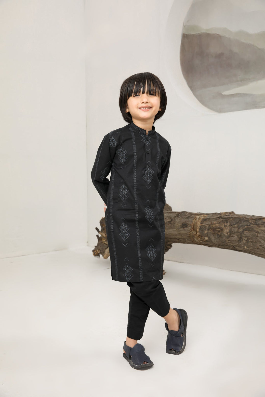 Muraqsh Ready To Wear   Boys Black Motif Cotton Embroidered Kurta Trouser MUR-BMECK - Summer Collection