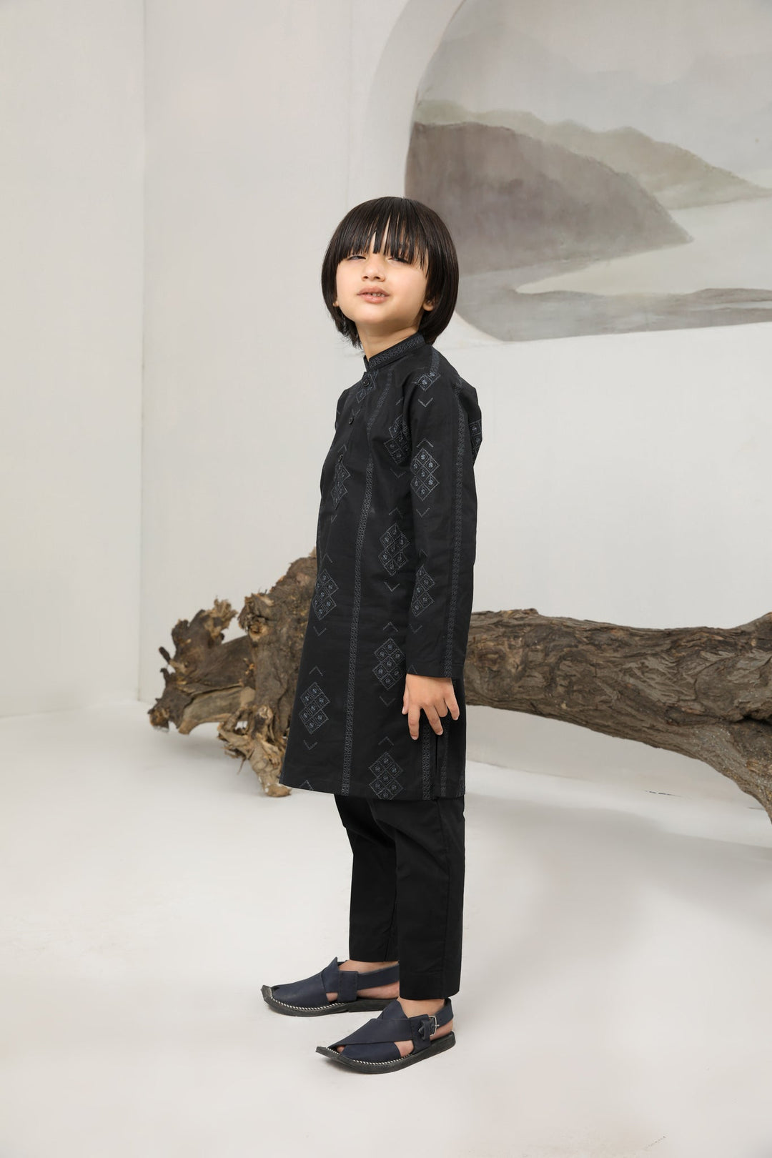 Muraqsh Ready To Wear   Boys Black Motif Cotton Embroidered Kurta Trouser MUR-BMECK - Summer Collection