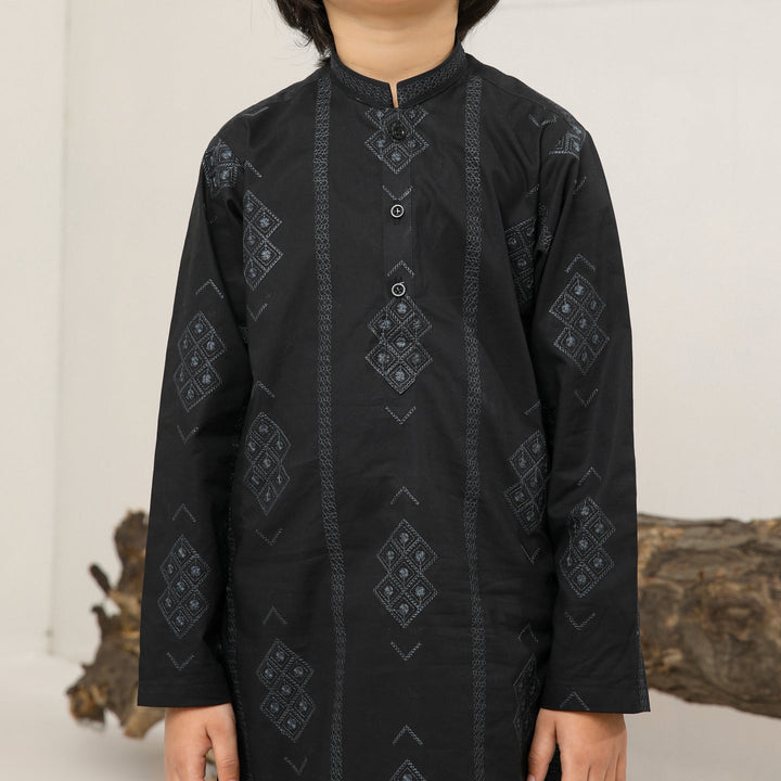 Muraqsh Ready To Wear   Boys Black Motif Cotton Embroidered Kurta Trouser MUR-BMECK - Summer Collection