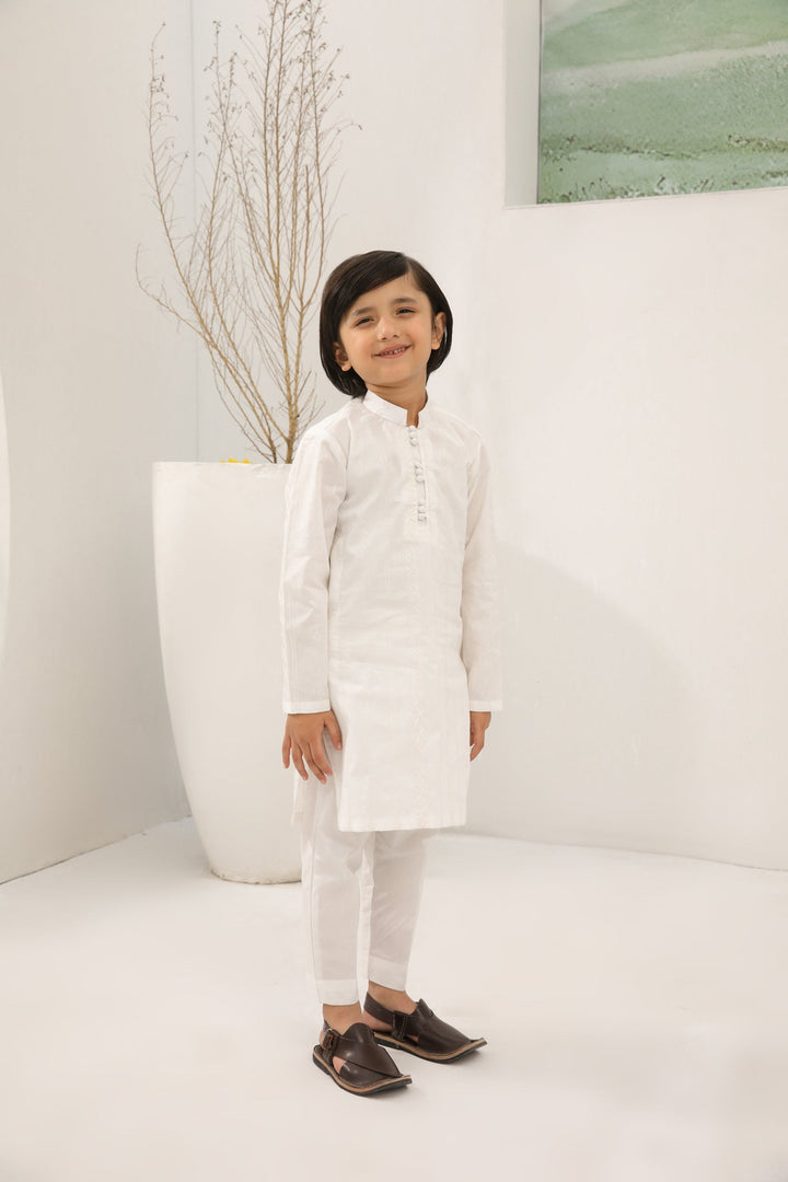 Muraqsh Ready To Wear   Boys Off White Cotton Embroidered Kurta Trouser Loop Buttons MUR-OWECK - Summer Collection