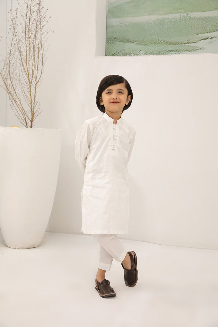 Muraqsh Ready To Wear   Boys Off White Cotton Embroidered Kurta Trouser Loop Buttons MUR-OWECK - Summer Collection