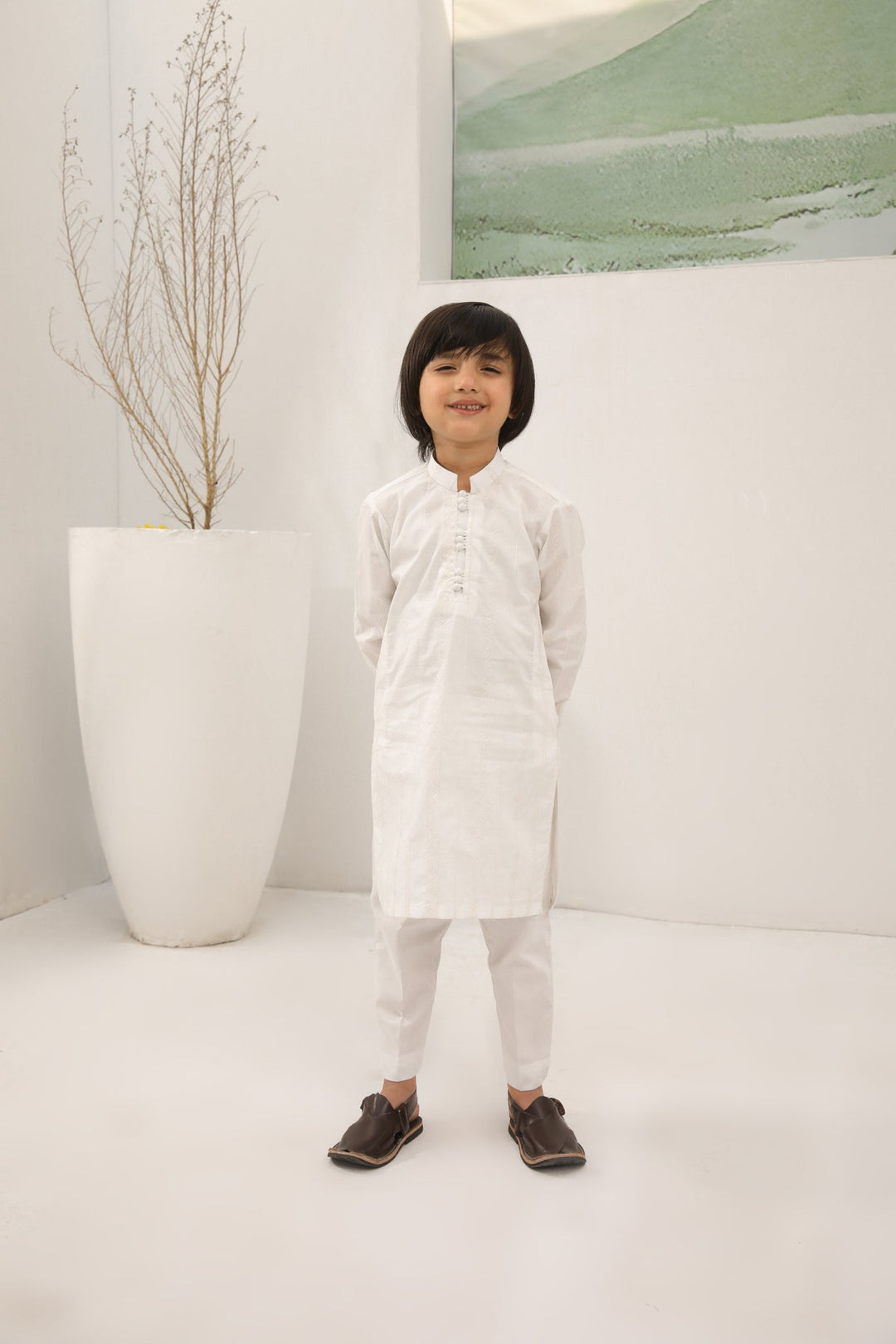 Muraqsh Ready To Wear   Boys Off White Cotton Embroidered Kurta Trouser Loop Buttons MUR-OWECK - Summer Collection