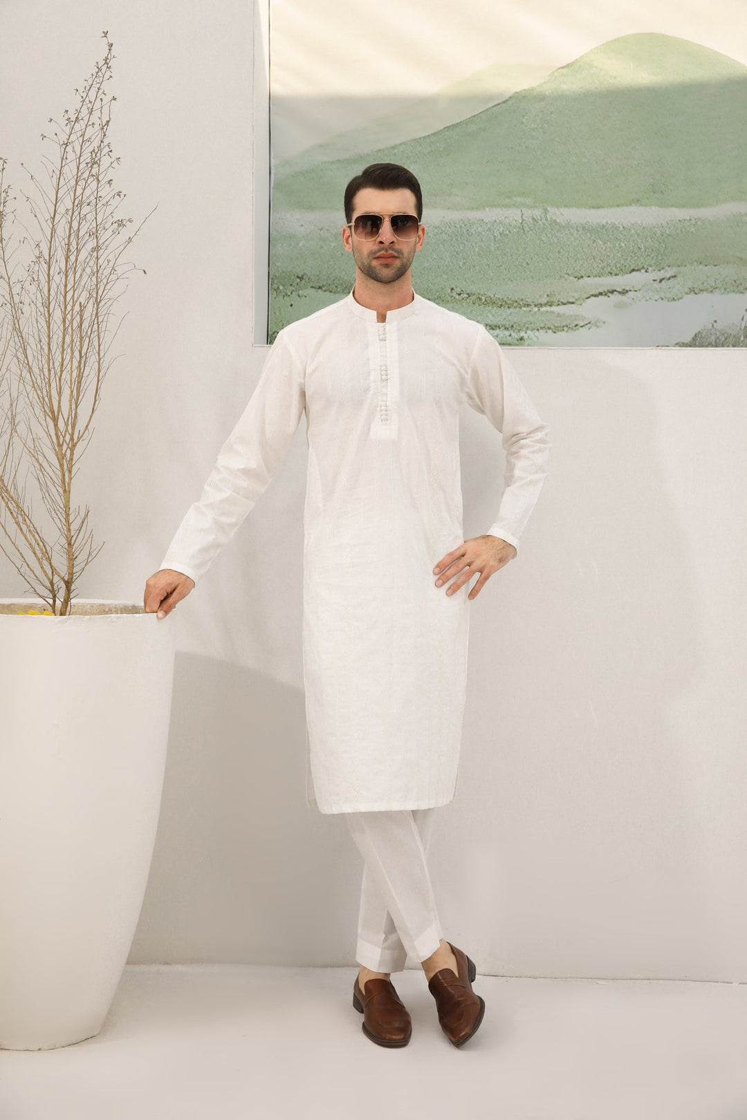 Muraqsh Ready To Wear Embroidered  Men Off White Cotton Embroidered Kurta Trouser Loop Buttons MUR-OWECK - Summer Collection